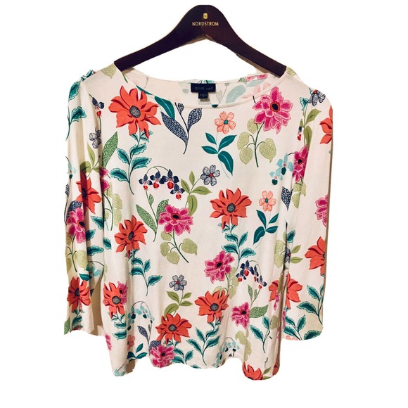 J Jill Wearever White Floral Soft Stretch 3/4 Sleeve Women's Top Size Medium - Picture 1 of 6